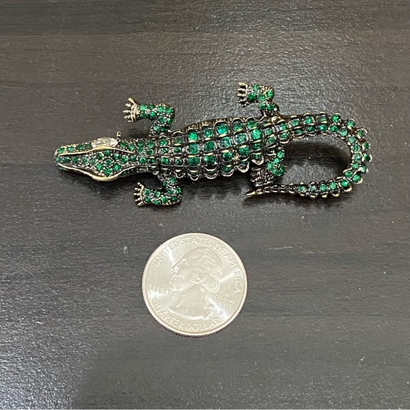 Antique Style Green Alligator Gator Crocodile Rhinestones Bling Brooch - Picture 4 of 12